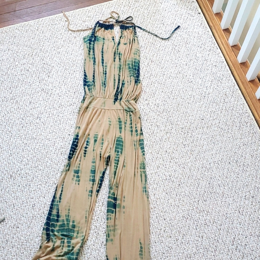 Tie dye jumpsuit jersey knit navy and tan eith a little dark teal